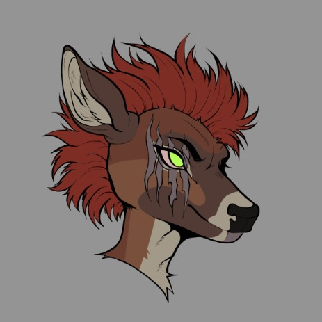 a stylized drawing of a young male deer's head sporting a red mohawk and a jagged set of scars over the right eye, facing right at roughly seventy degrees